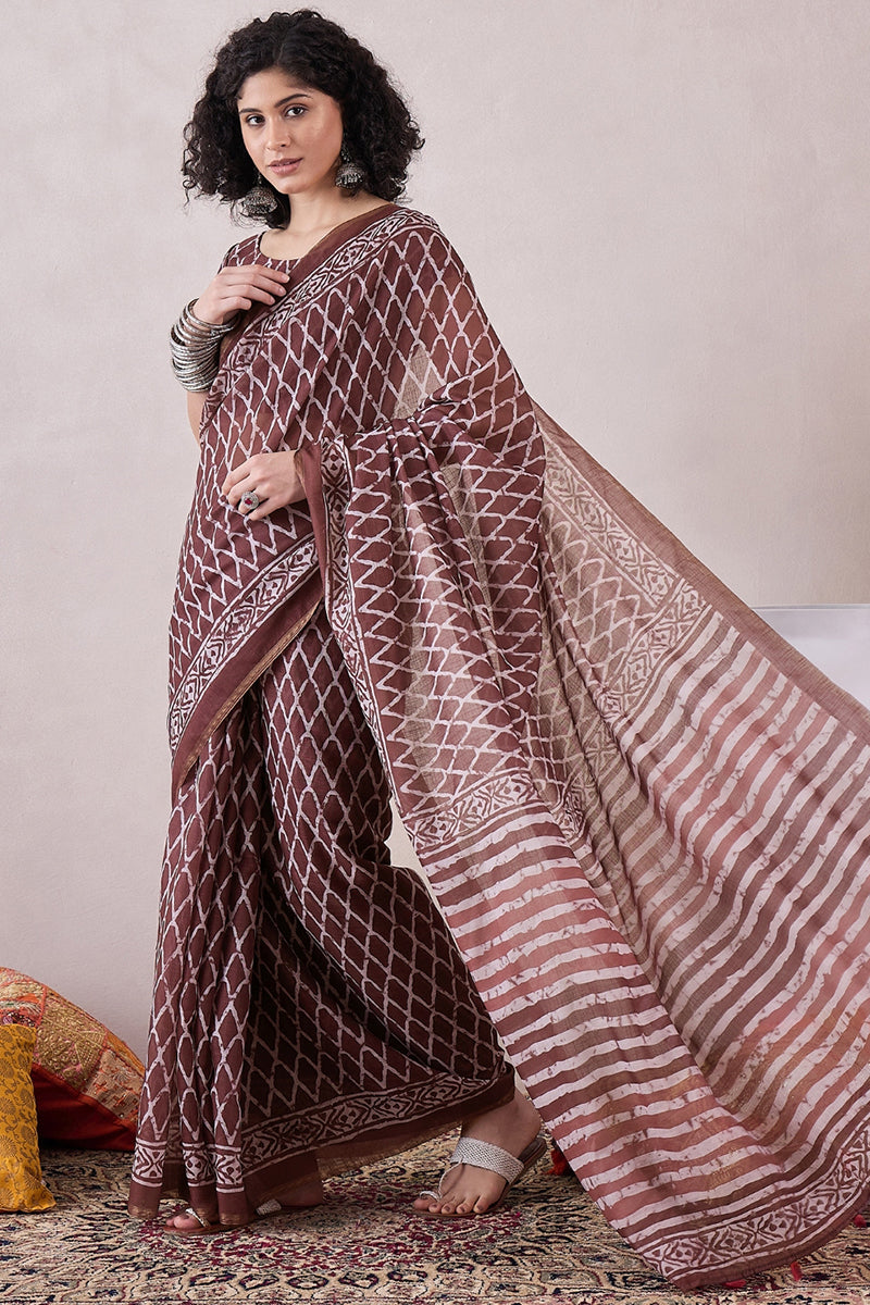 Brown Linen Dabu Printed Saree With Blouse Piece VFSAR1045