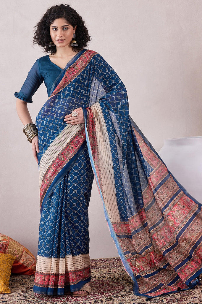 Blue Linen Bandhani Printed Saree With Blouse Piece VFSAR1046