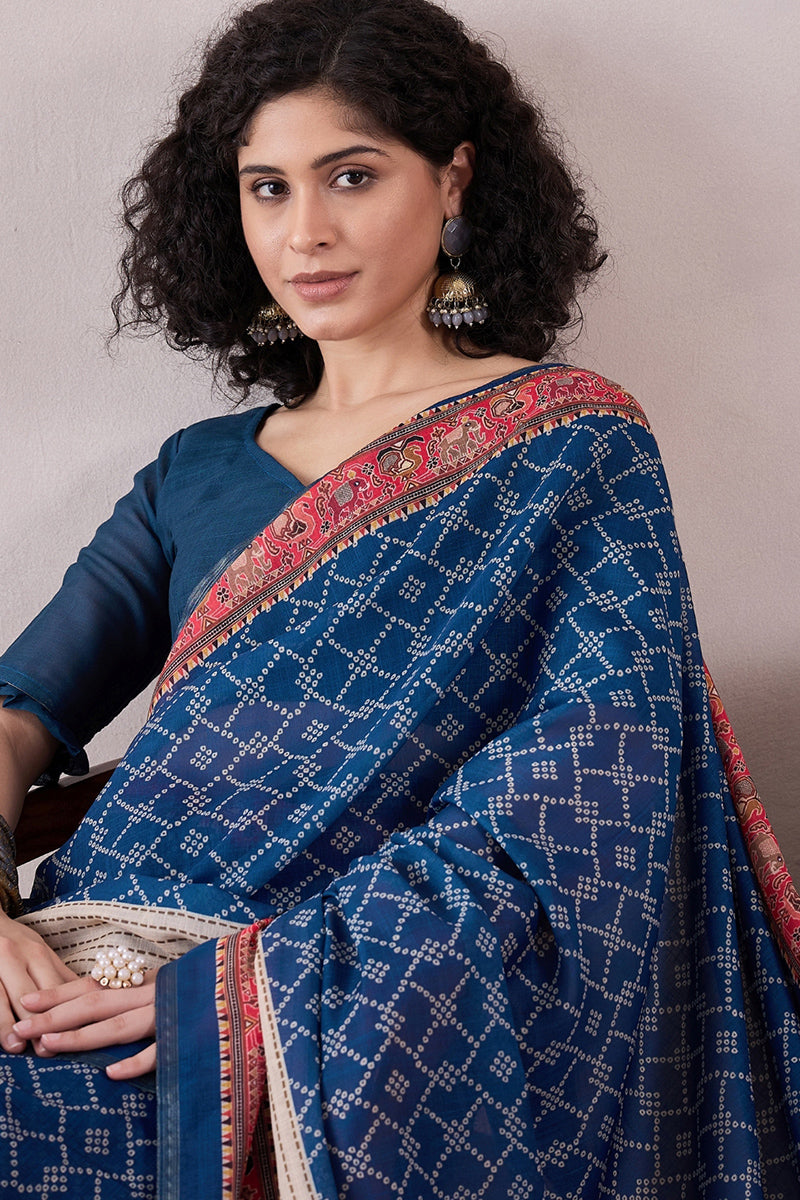 Blue Linen Bandhani Printed Saree With Blouse Piece VFSAR1046