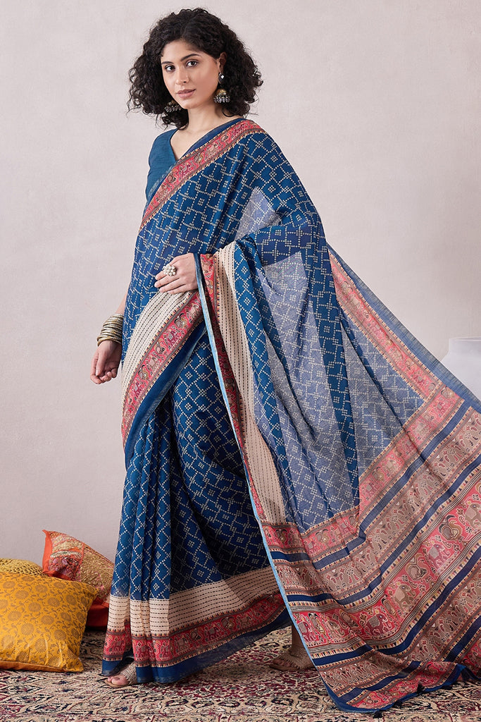 Blue Linen Bandhani Printed Saree With Blouse Piece VFSAR1046