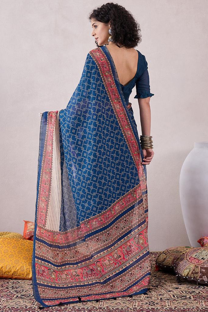 Blue Linen Bandhani Printed Saree With Blouse Piece VFSAR1046