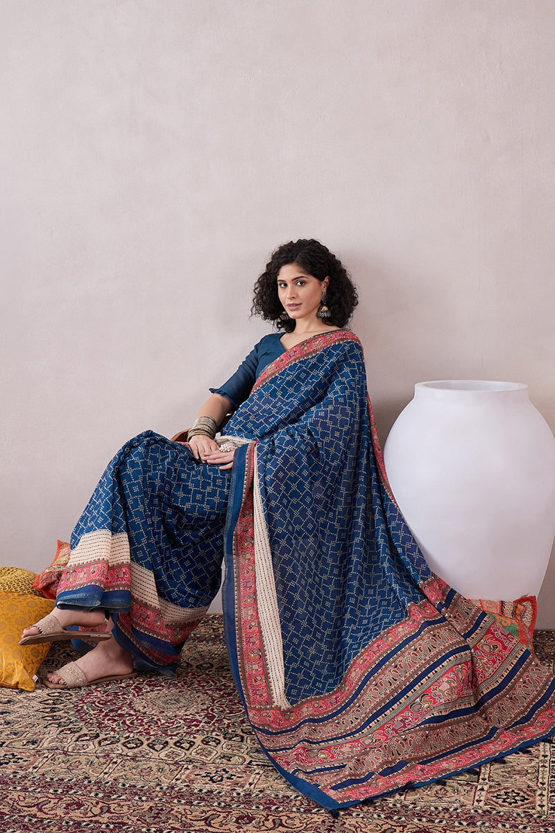 Blue Linen Bandhani Printed Saree With Blouse Piece VFSAR1046