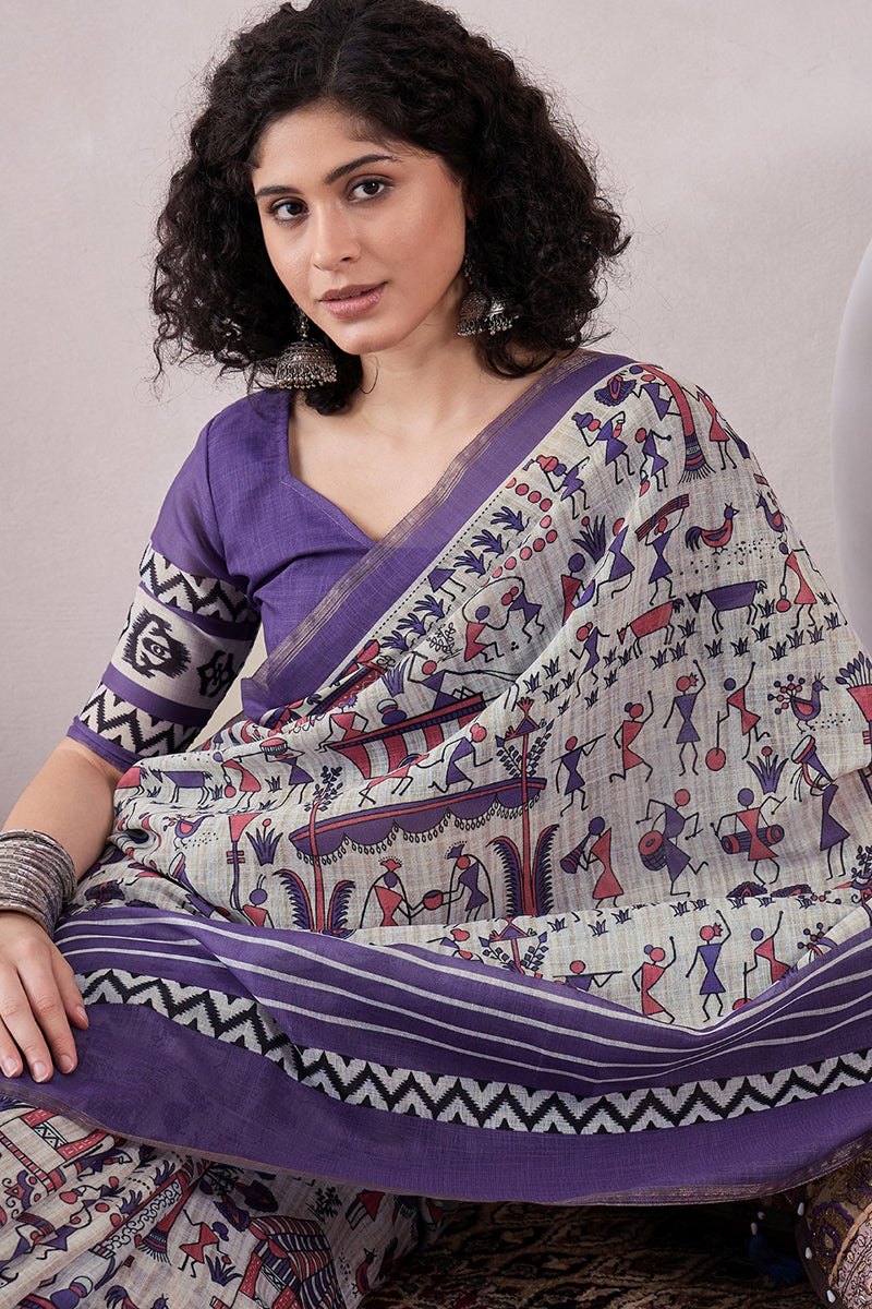 Grey Linen Warli Printed Saree With Blouse Piece VFSAR1048