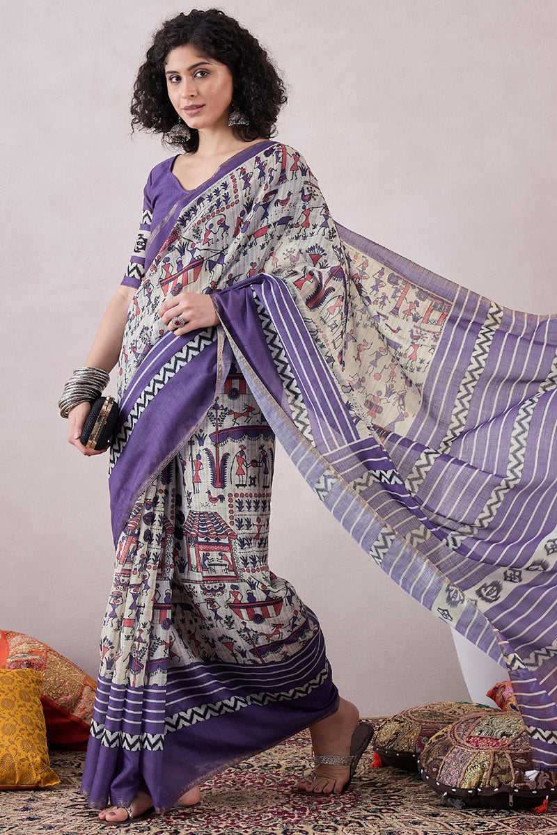 Grey Linen Warli Printed Saree With Blouse Piece VFSAR1048