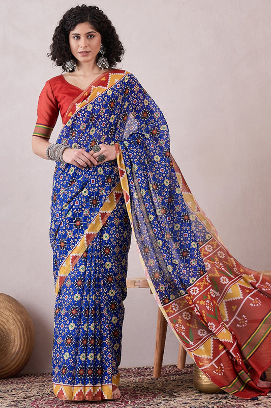 Blue Linen Patola Printed Saree With Blouse Piece VFSAR1050