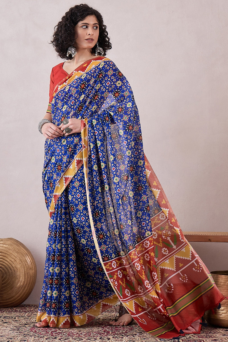 Blue Linen Patola Printed Saree With Blouse Piece VFSAR1050