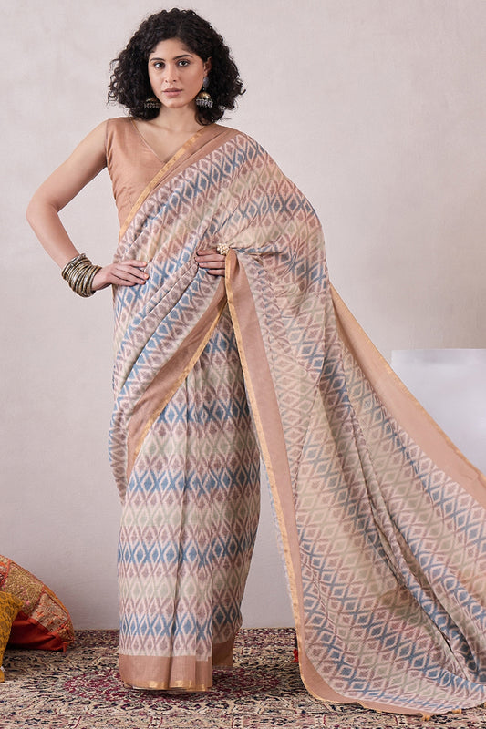 Off White Linen Ikat Printed Saree With Blouse Piece VFSAR1051