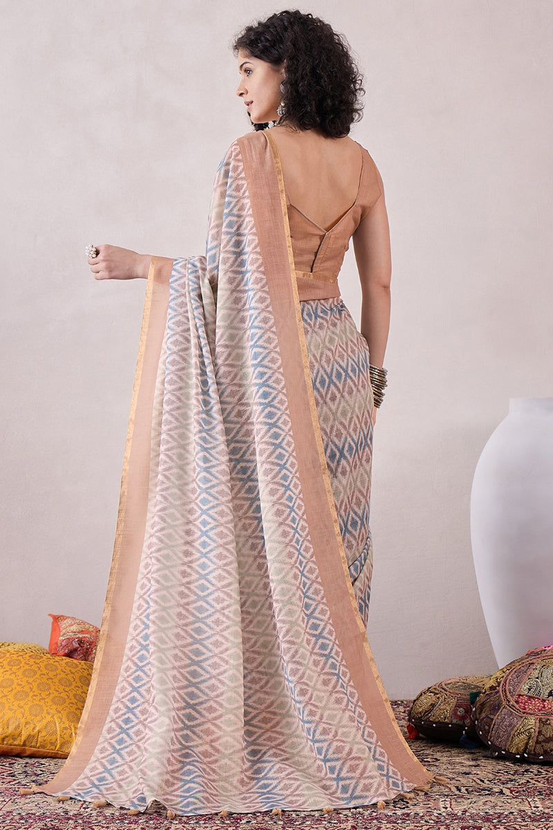 Off White Linen Ikat Printed Saree With Blouse Piece VFSAR1051