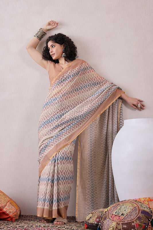 Off White Linen Ikat Printed Saree With Blouse Piece VFSAR1051