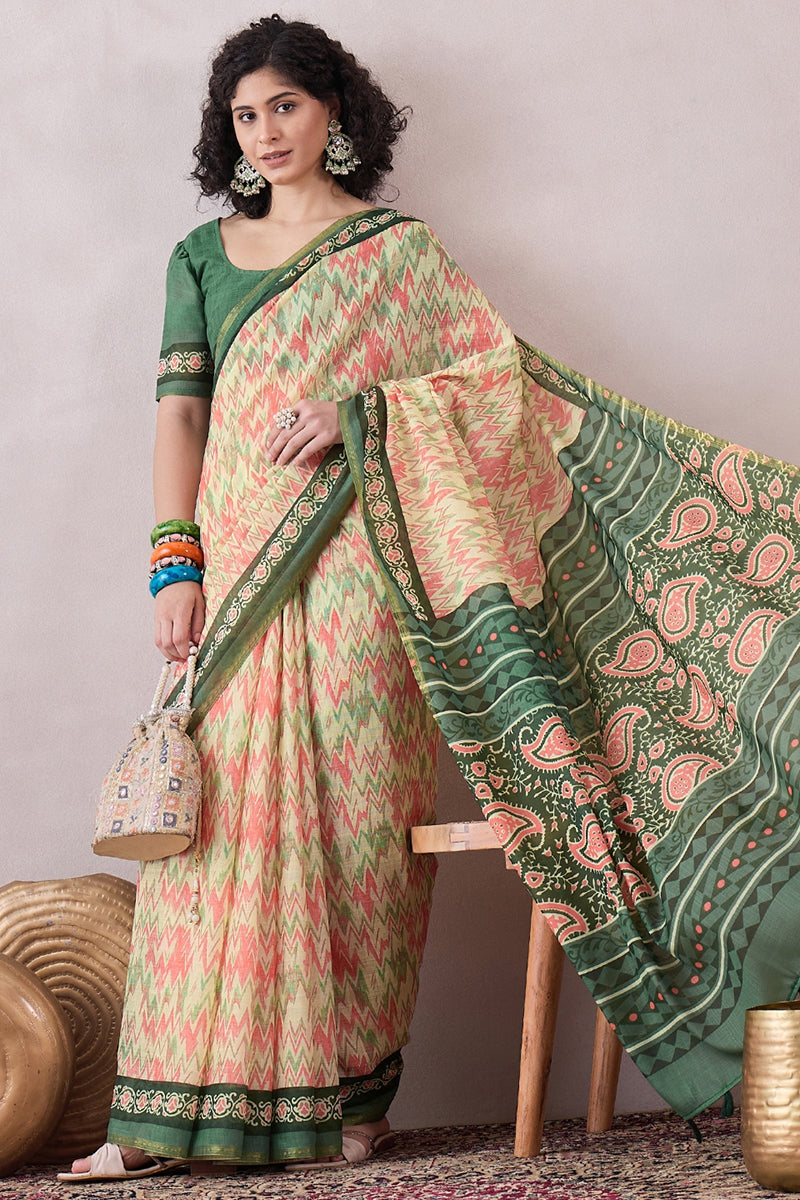 Off White Linen Ethnic Motifs Printed Saree With Blouse Piece VFSAR1052