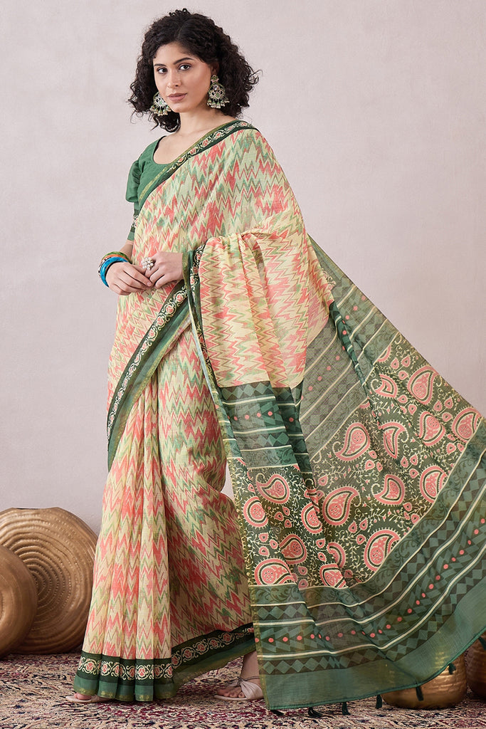 Off White Linen Ethnic Motifs Printed Saree With Blouse Piece VFSAR1052