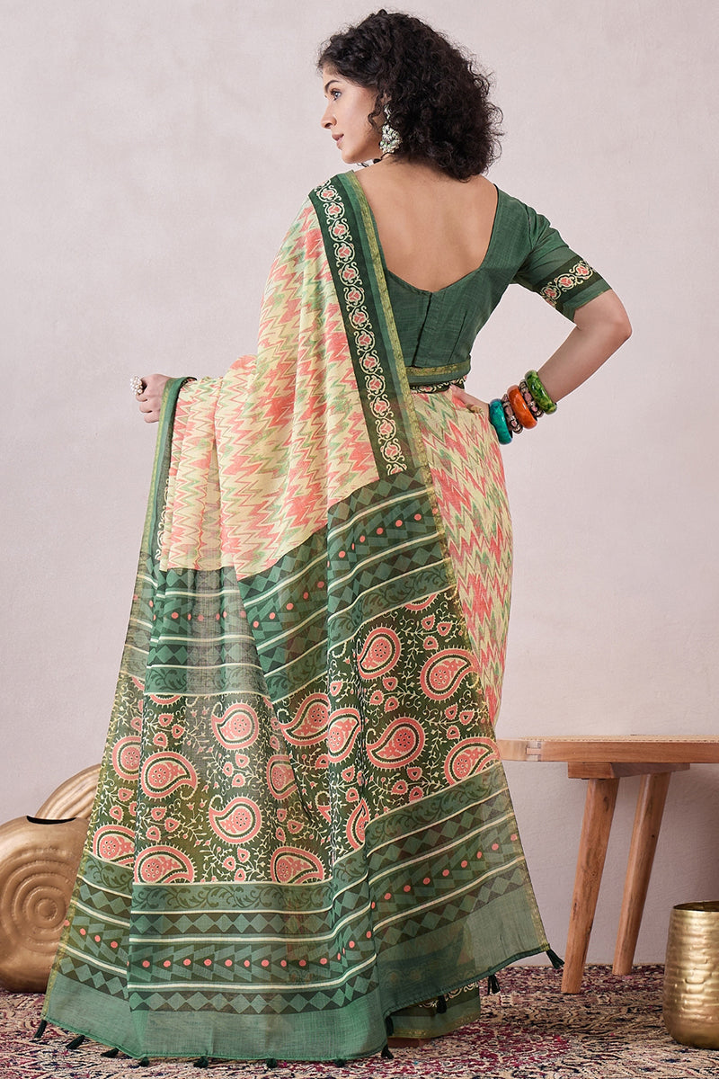 Off White Linen Ethnic Motifs Printed Saree With Blouse Piece VFSAR1052