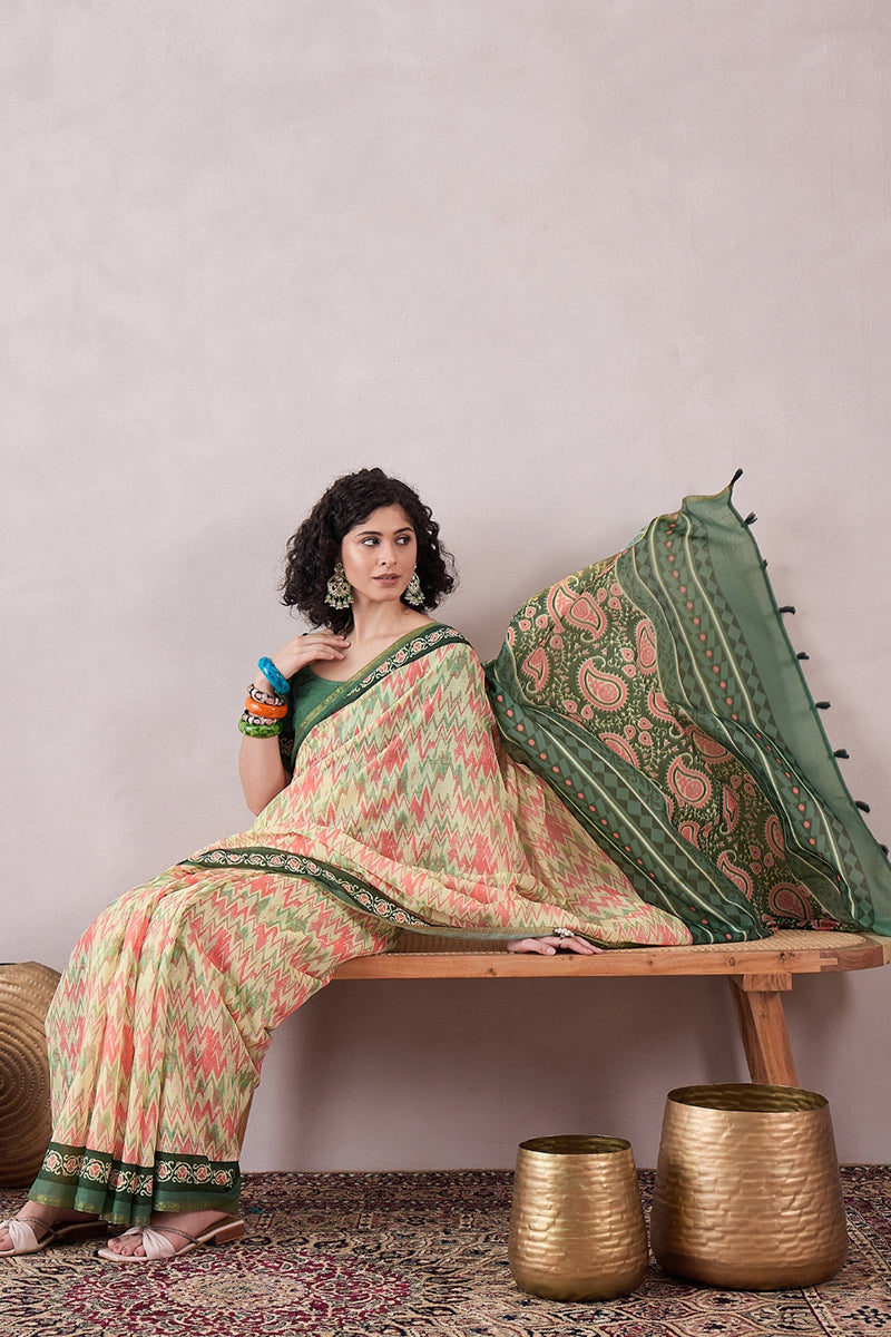 Off White Linen Ethnic Motifs Printed Saree With Blouse Piece VFSAR1052