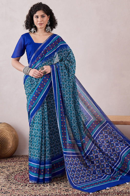 Blue Linen Ikat Printed Saree With Blouse Piece VFSAR1055