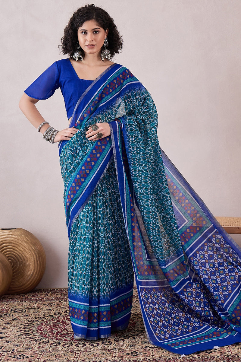 Blue Linen Ikat Printed Saree With Blouse Piece VFSAR1055