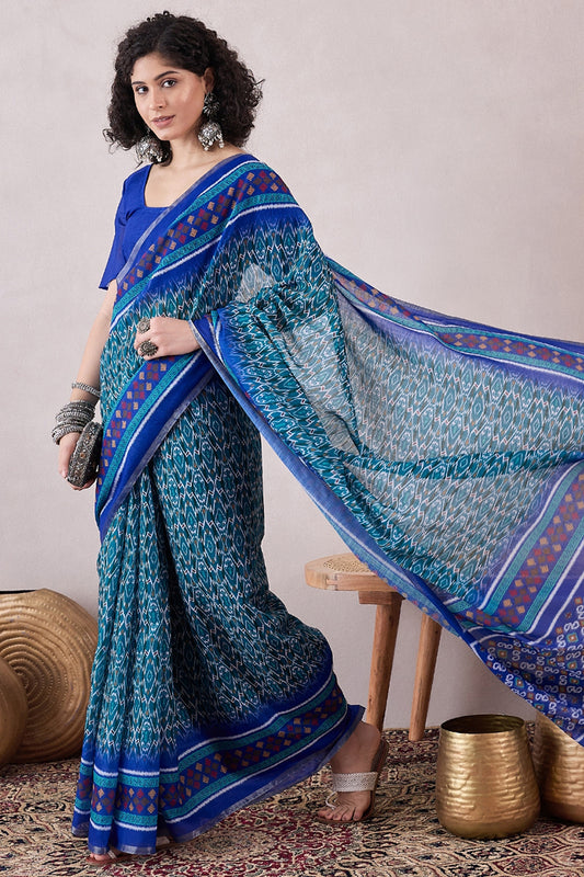 Blue Linen Ikat Printed Saree With Blouse Piece VFSAR1055