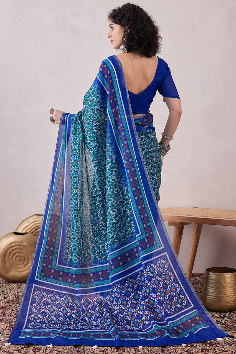 Blue Linen Ikat Printed Saree With Blouse Piece VFSAR1055