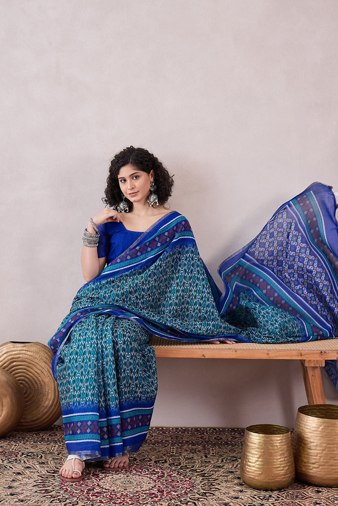 Blue Linen Ikat Printed Saree With Blouse Piece VFSAR1055