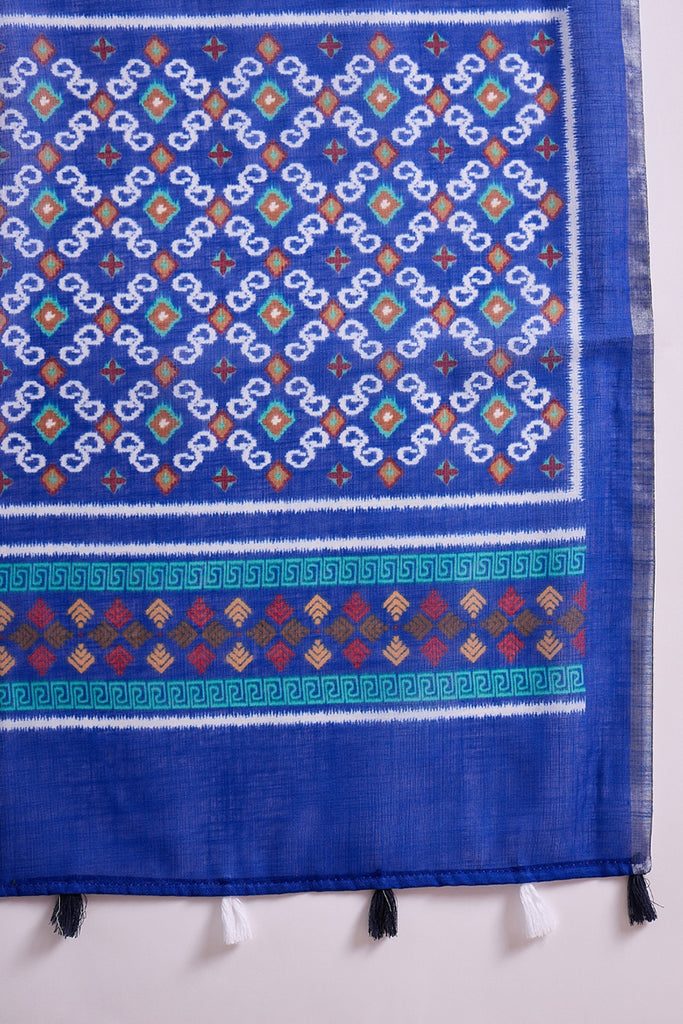 Blue Linen Ikat Printed Saree With Blouse Piece VFSAR1055