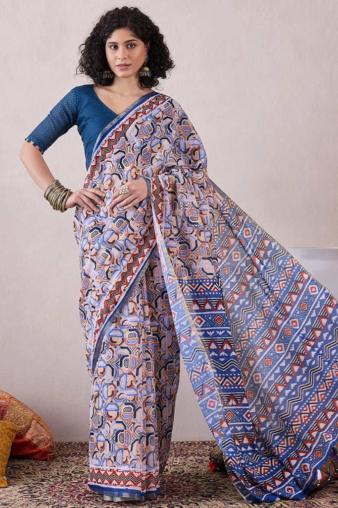 Blue Linen Geometric Printed Saree With Blouse Piece VFSAR1056