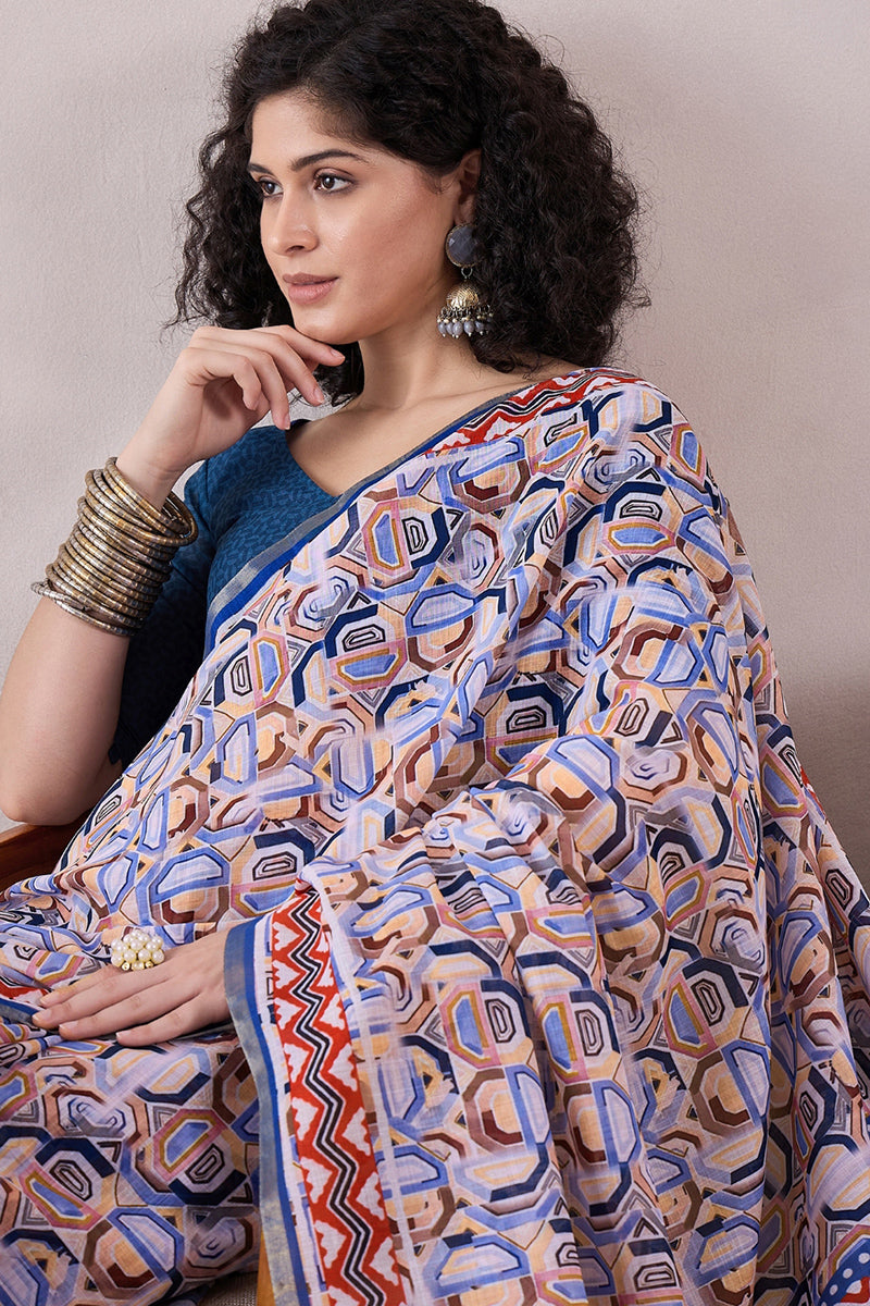 Blue Linen Geometric Printed Saree With Blouse Piece VFSAR1056