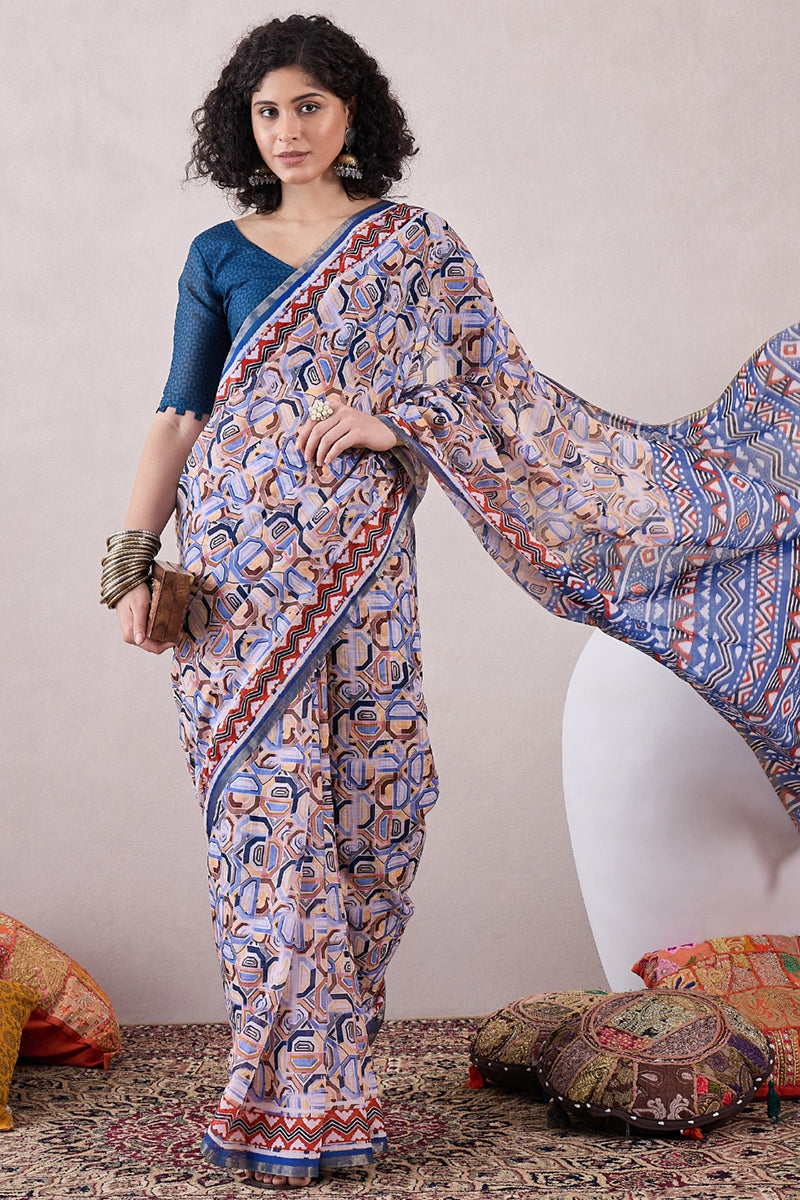 Blue Linen Geometric Printed Saree With Blouse Piece VFSAR1056