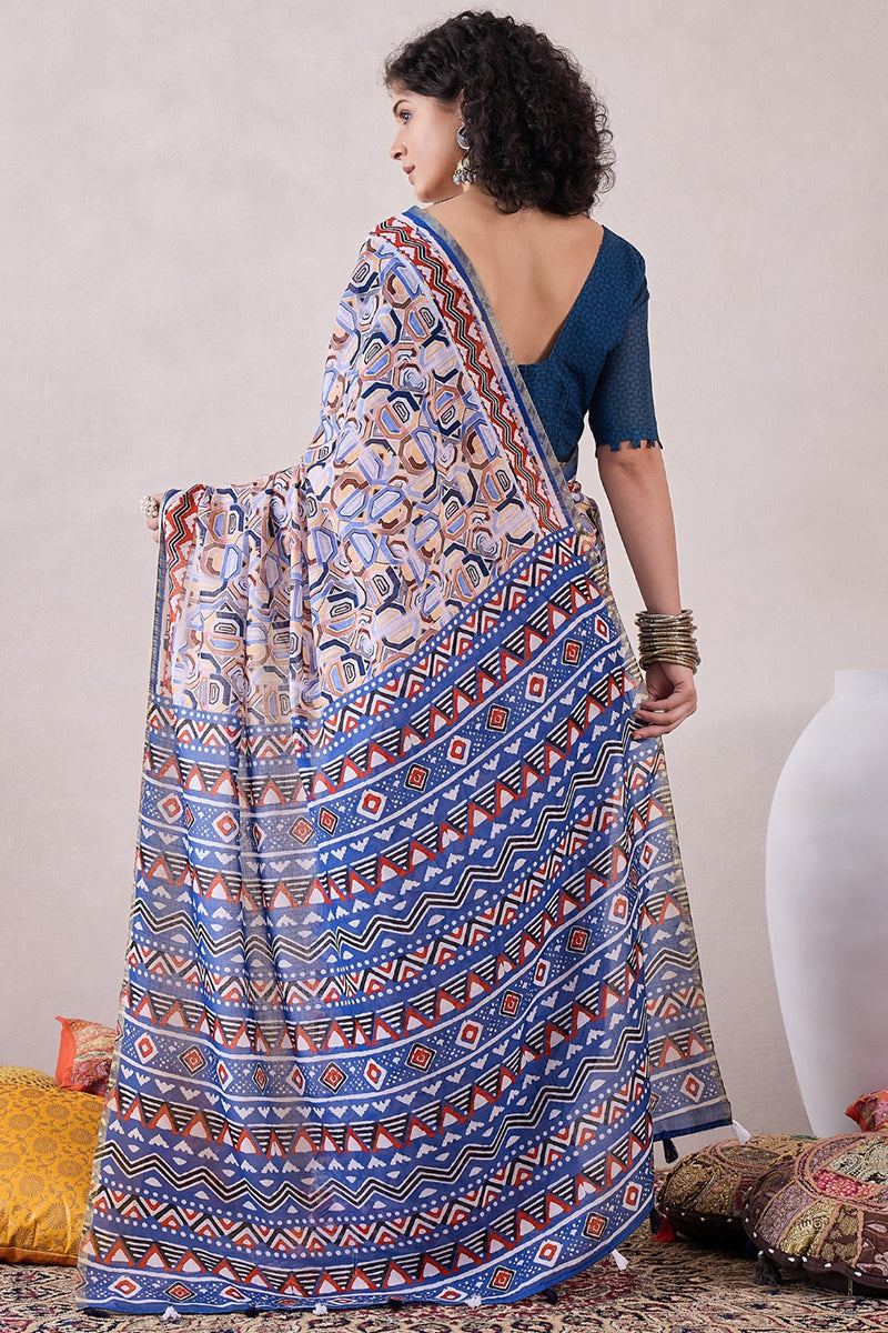 Blue Linen Geometric Printed Saree With Blouse Piece VFSAR1056