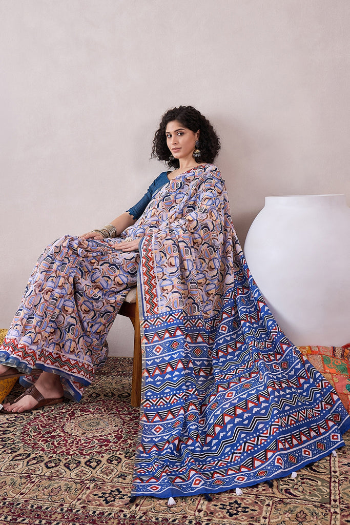 Blue Linen Geometric Printed Saree With Blouse Piece VFSAR1056