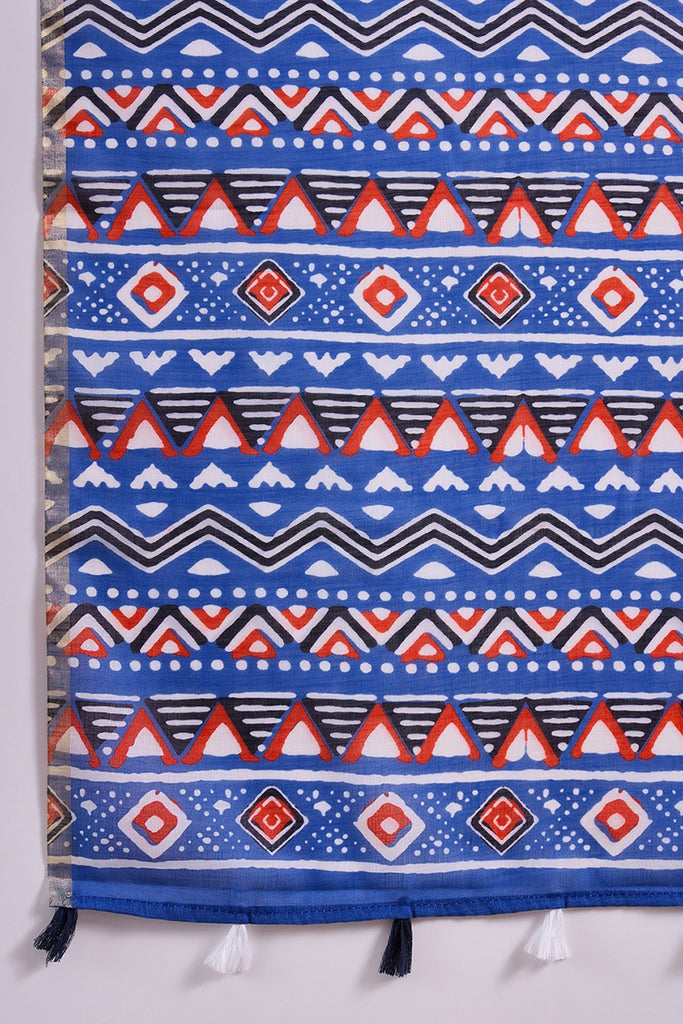 Blue Linen Geometric Printed Saree With Blouse Piece VFSAR1056