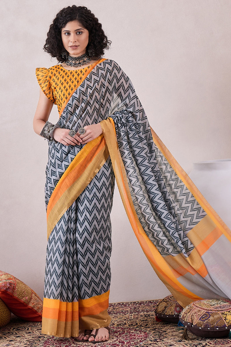 Grey Linen Ikat Printed Saree With Blouse Piece VFSAR1057