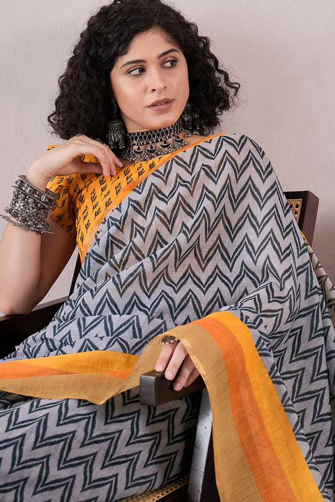 Grey Linen Ikat Printed Saree With Blouse Piece VFSAR1057