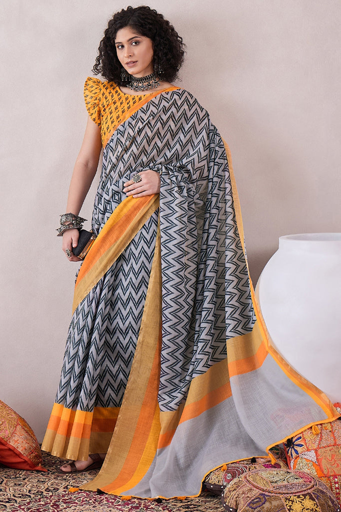 Grey Linen Ikat Printed Saree With Blouse Piece VFSAR1057