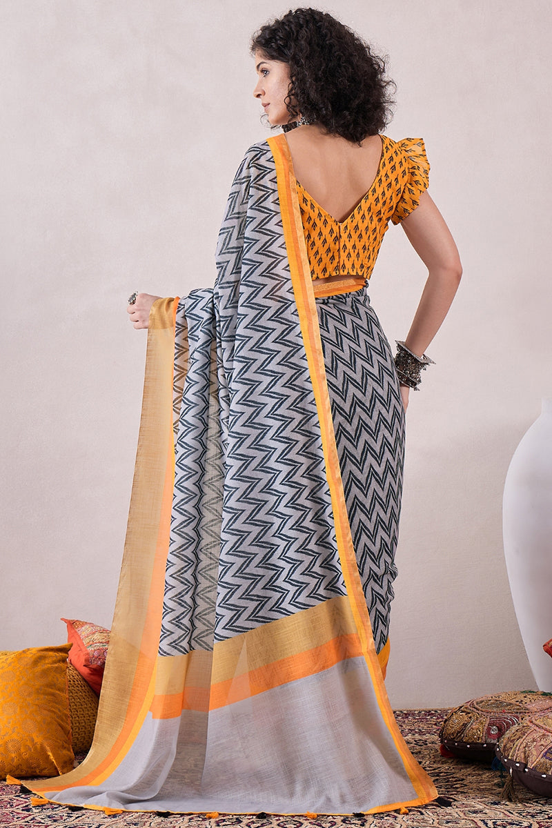 Grey Linen Ikat Printed Saree With Blouse Piece VFSAR1057