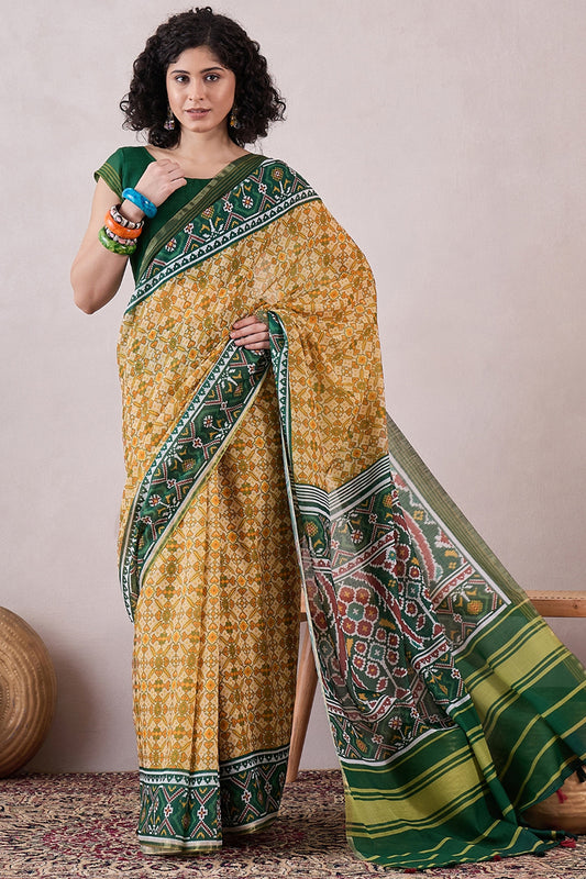 Cream Linen Patola Printed Saree With Blouse Piece VFSAR1059