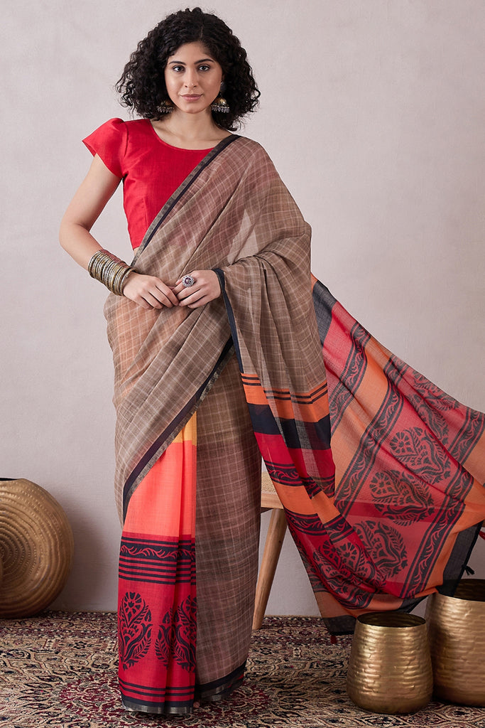 Brown Linen Ethnic Motifs Printed Saree With Blouse Piece VFSAR1061