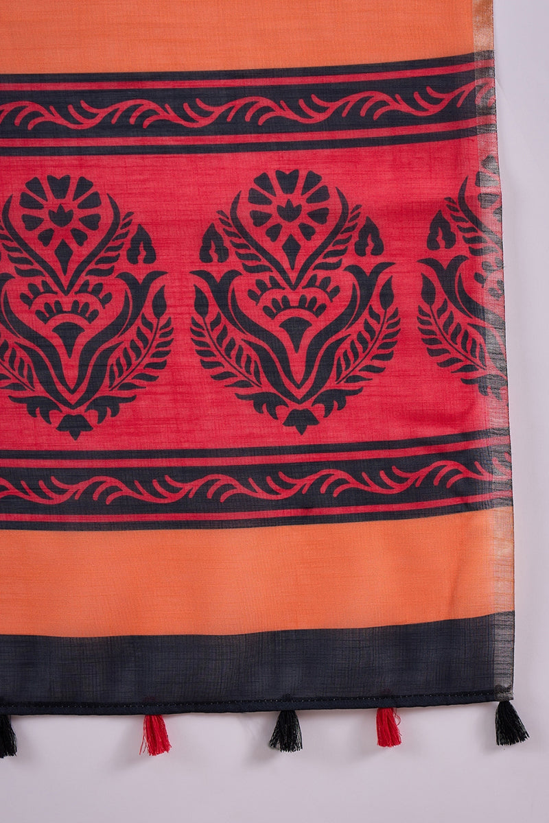 Brown Linen Ethnic Motifs Printed Saree With Blouse Piece VFSAR1061