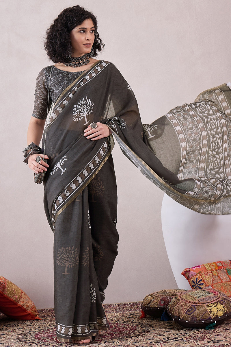 Grey Linen Dabu Printed Saree With Blouse Piece VFSAR1062