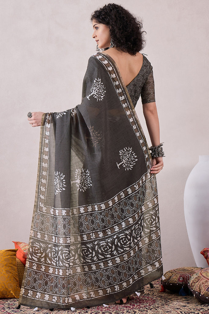 Grey Linen Dabu Printed Saree With Blouse Piece VFSAR1062