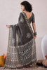 Grey Linen Dabu Printed Saree With Blouse Piece VFSAR1062