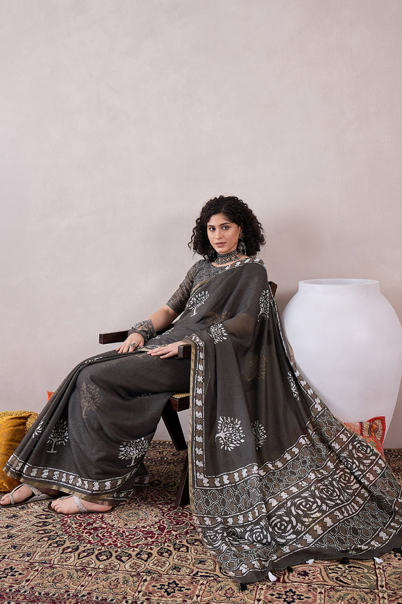 Grey Linen Dabu Printed Saree With Blouse Piece VFSAR1062