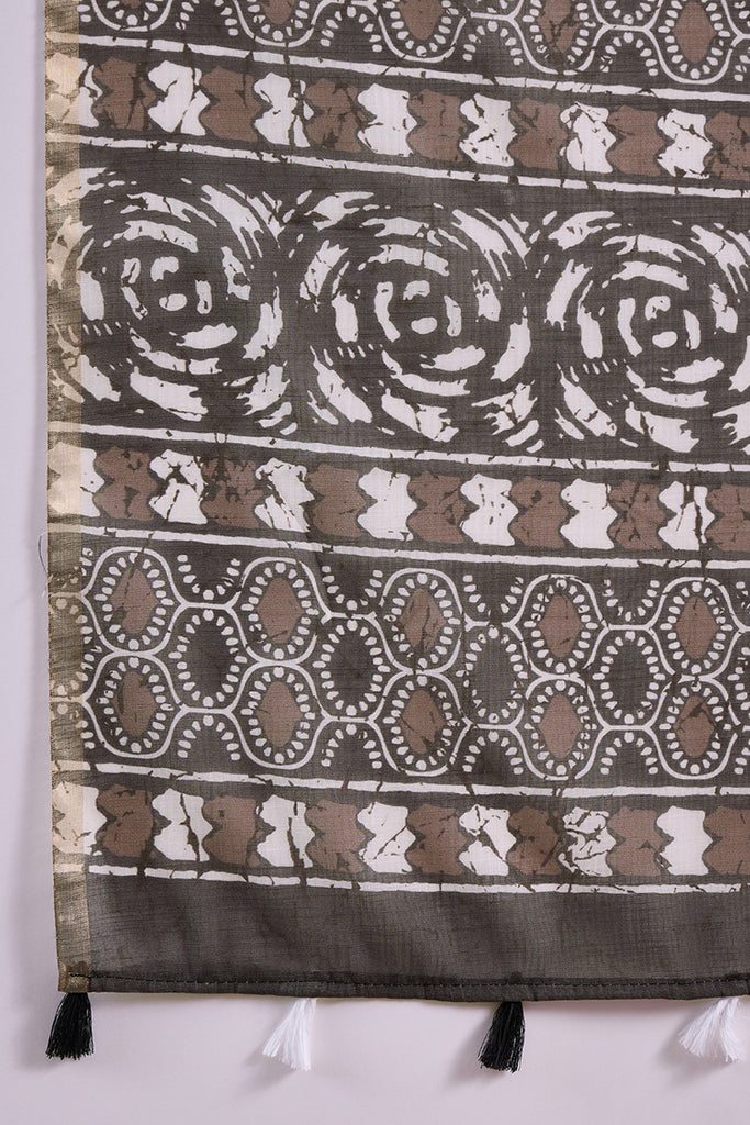 Grey Linen Dabu Printed Saree With Blouse Piece VFSAR1062