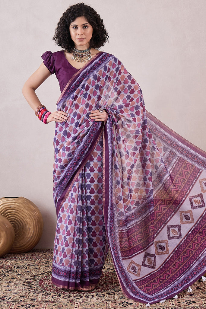 Purple Linen Geometric Printed Saree With Blouse Piece VFSAR1063