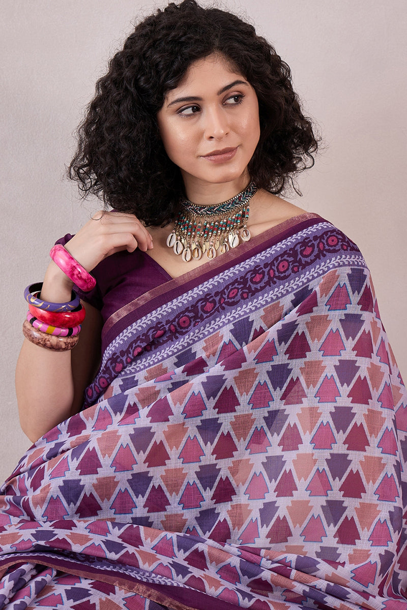 Purple Linen Geometric Printed Saree With Blouse Piece VFSAR1063