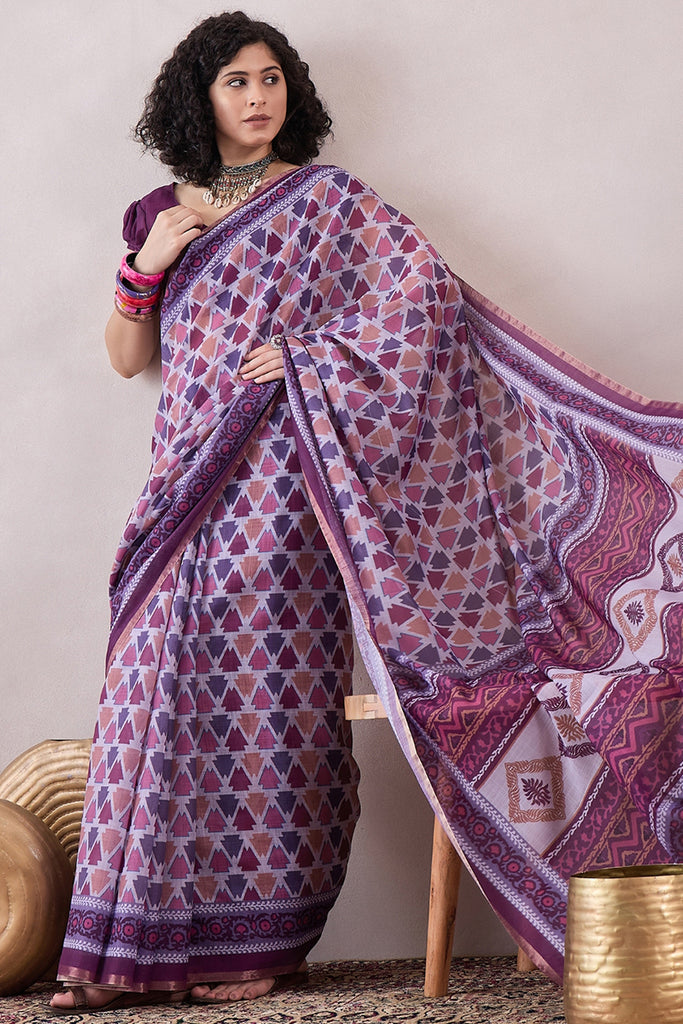 Purple Linen Geometric Printed Saree With Blouse Piece VFSAR1063