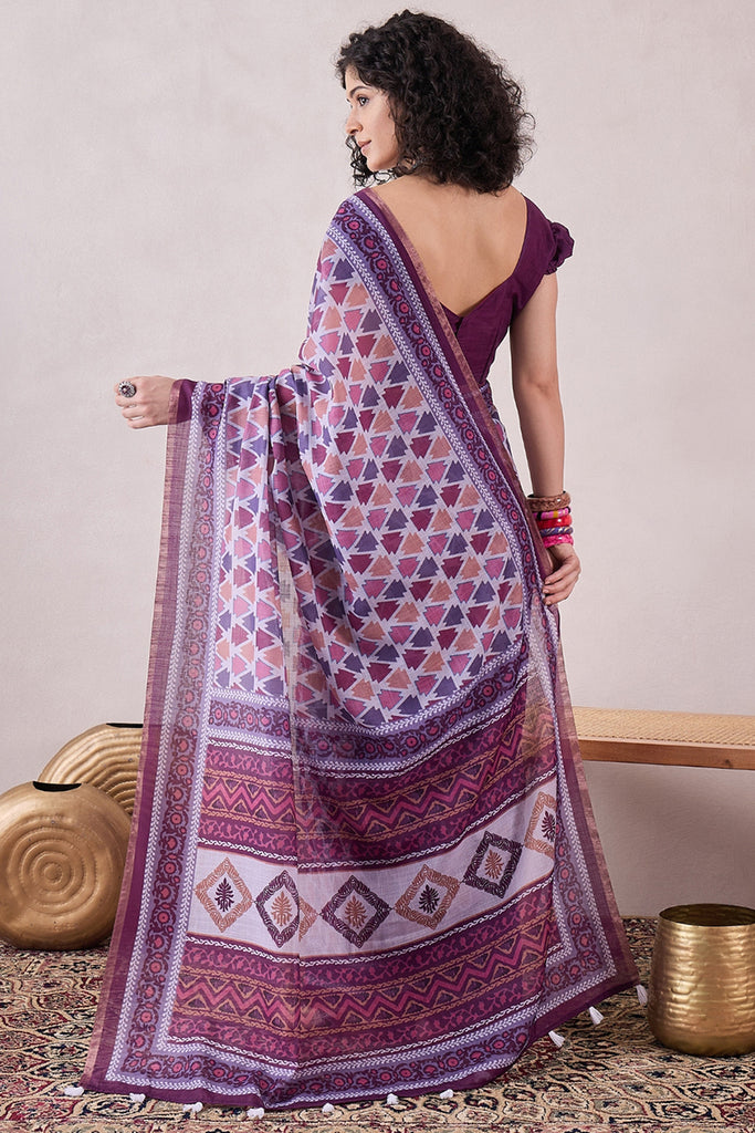 Purple Linen Geometric Printed Saree With Blouse Piece VFSAR1063