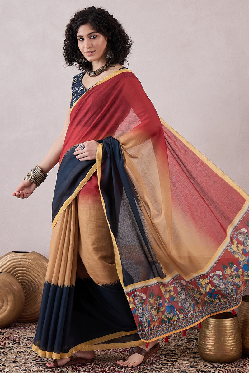 Multi Linen Kalamkari Printed Saree With Blouse Piece VFSAR1064