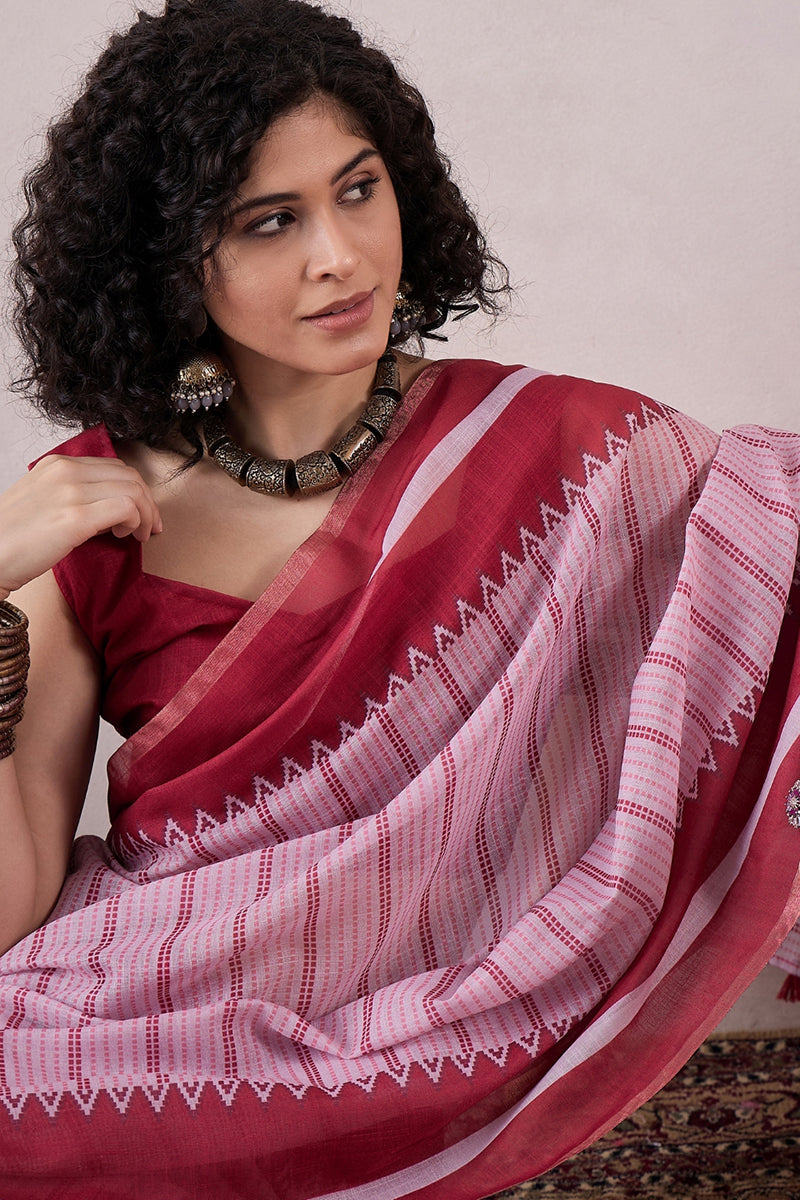 Red Linen Geometric Printed Saree With Blouse Piece VFSAR1067