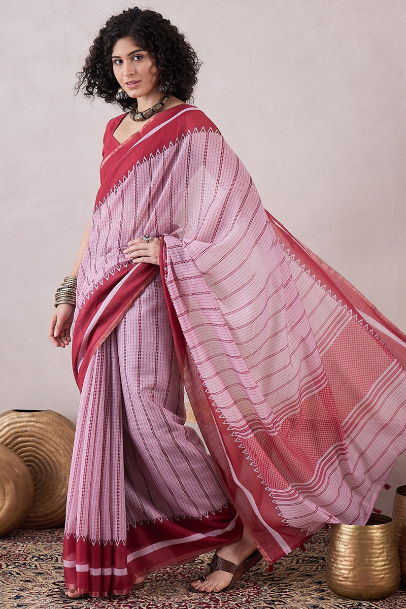 Red Linen Geometric Printed Saree With Blouse Piece VFSAR1067