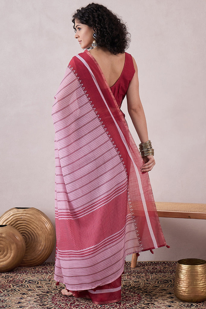 Red Linen Geometric Printed Saree With Blouse Piece VFSAR1067