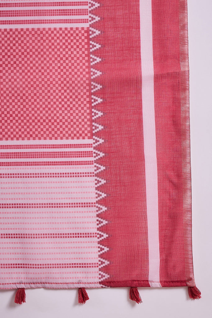 Red Linen Geometric Printed Saree With Blouse Piece VFSAR1067